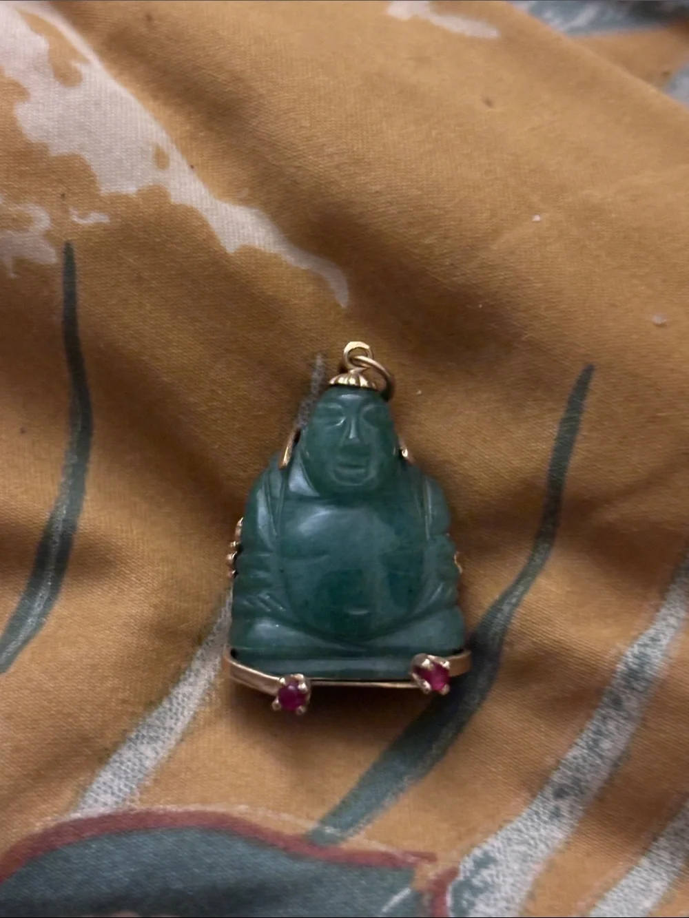 14K Solid Gold Aventurine and Ruby Buddha Pendant Necklace